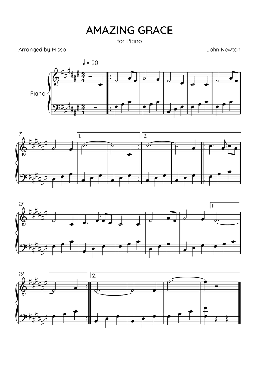 Amazing Grace - Piano Solo in F# Major - Easy Level - Sheet Music Easy Piano scores gallery preview page 1