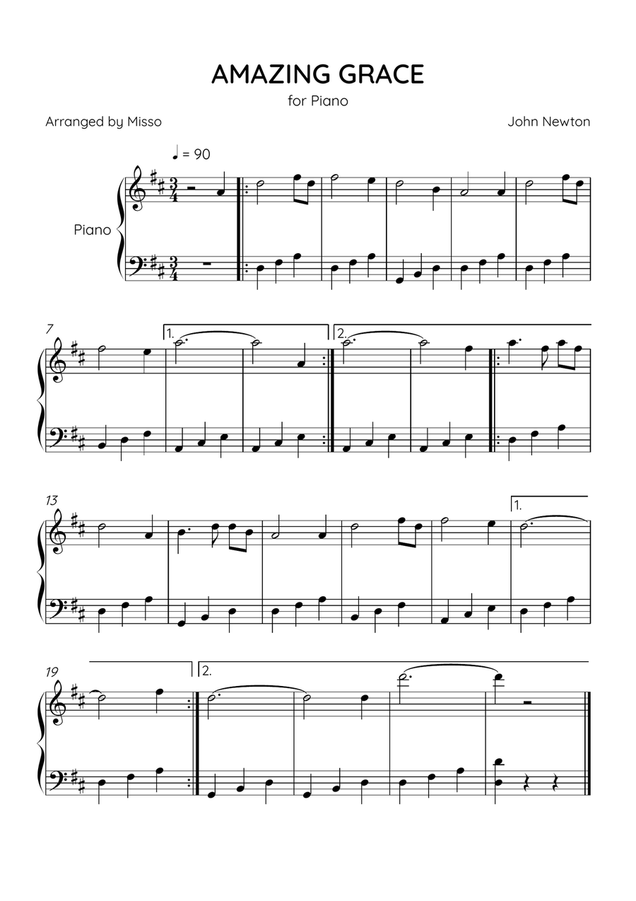 Amazing Grace - Piano Solo in D Major - Easy Level - Sheet Music Easy Piano scores gallery preview page 1