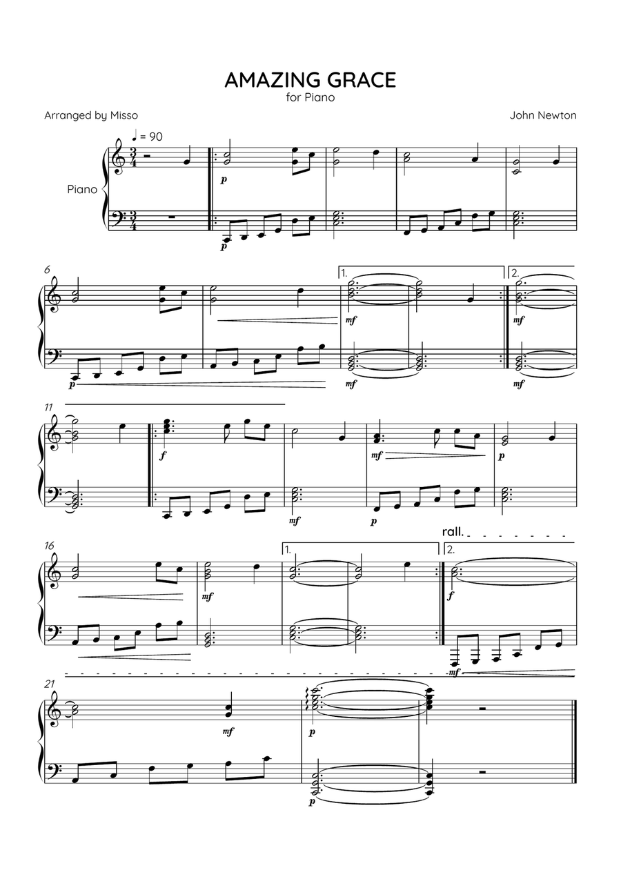 Amazing Grace - Piano Solo in C Major - Intermediate Level - Sheet Music Piano Solo scores gallery preview page 1