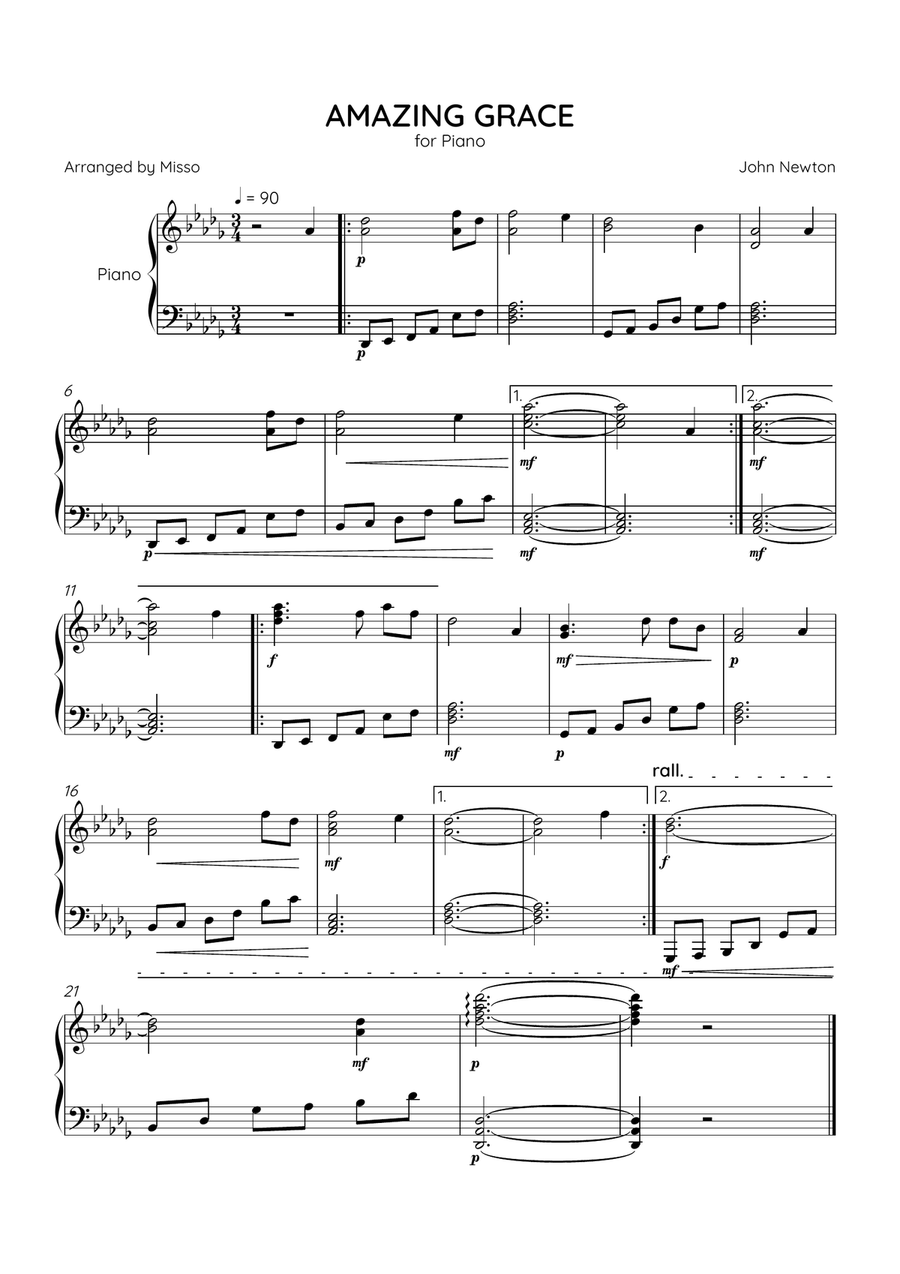 Amazing Grace - Piano Solo in Db Major - Intermediate Level - Sheet Music Piano Solo scores gallery preview page 1