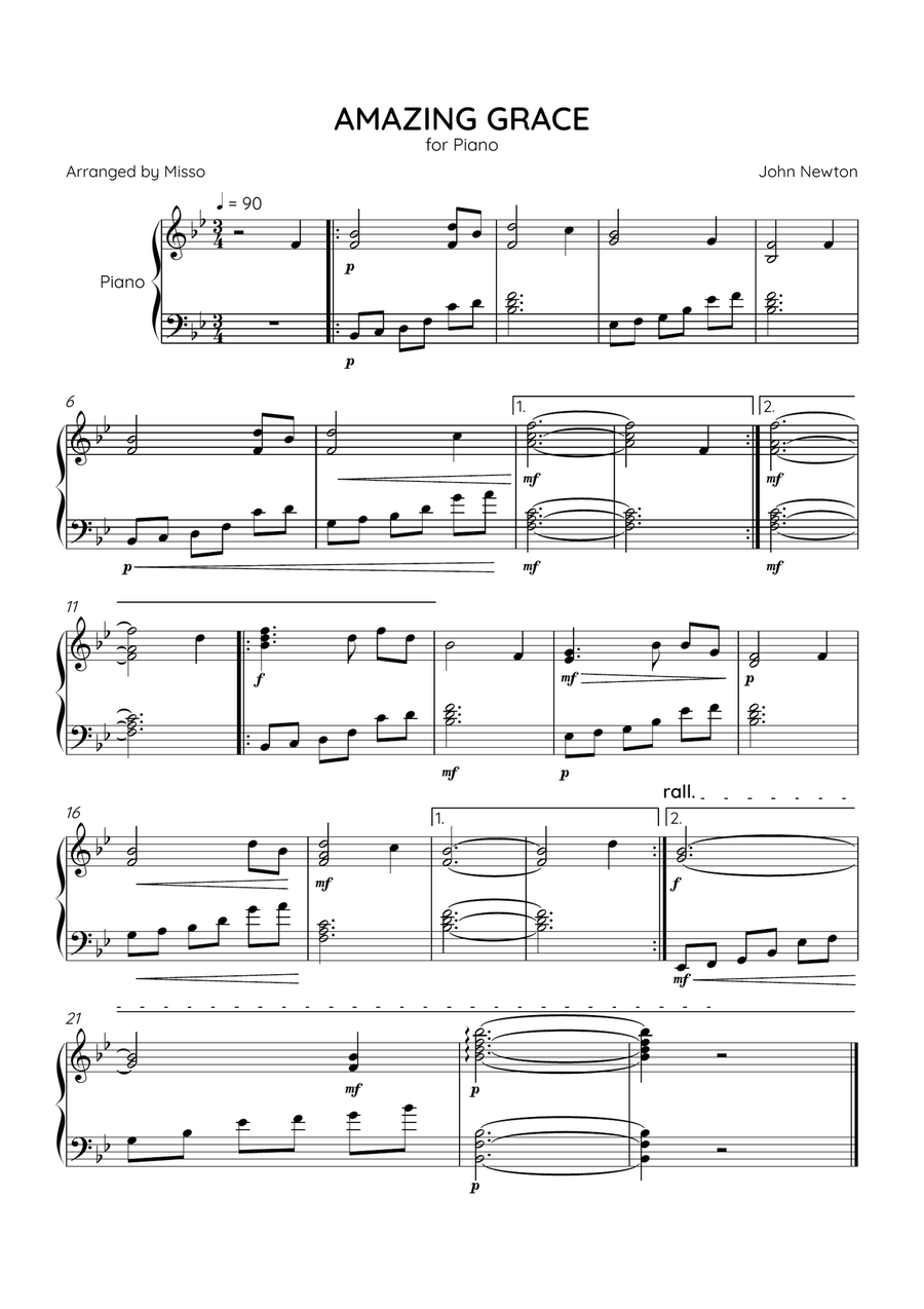 Amazing Grace - Piano Solo in Bb Major - Intermediate Level - Sheet Music Piano Solo scores gallery preview page 1