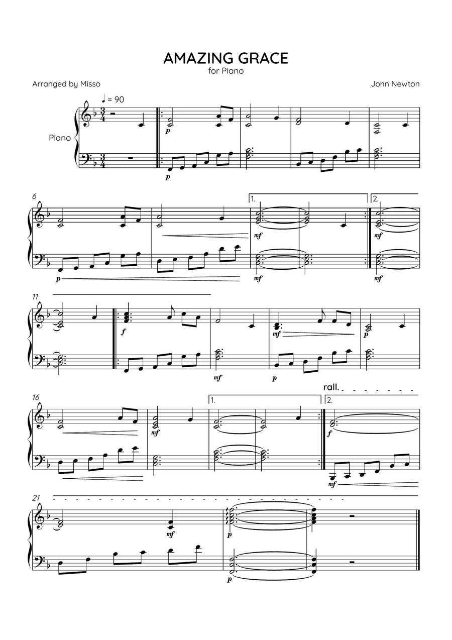 Amazing Grace - Piano Solo in F Major - Intermediate Level - Sheet Music Piano Solo scores gallery preview page 1