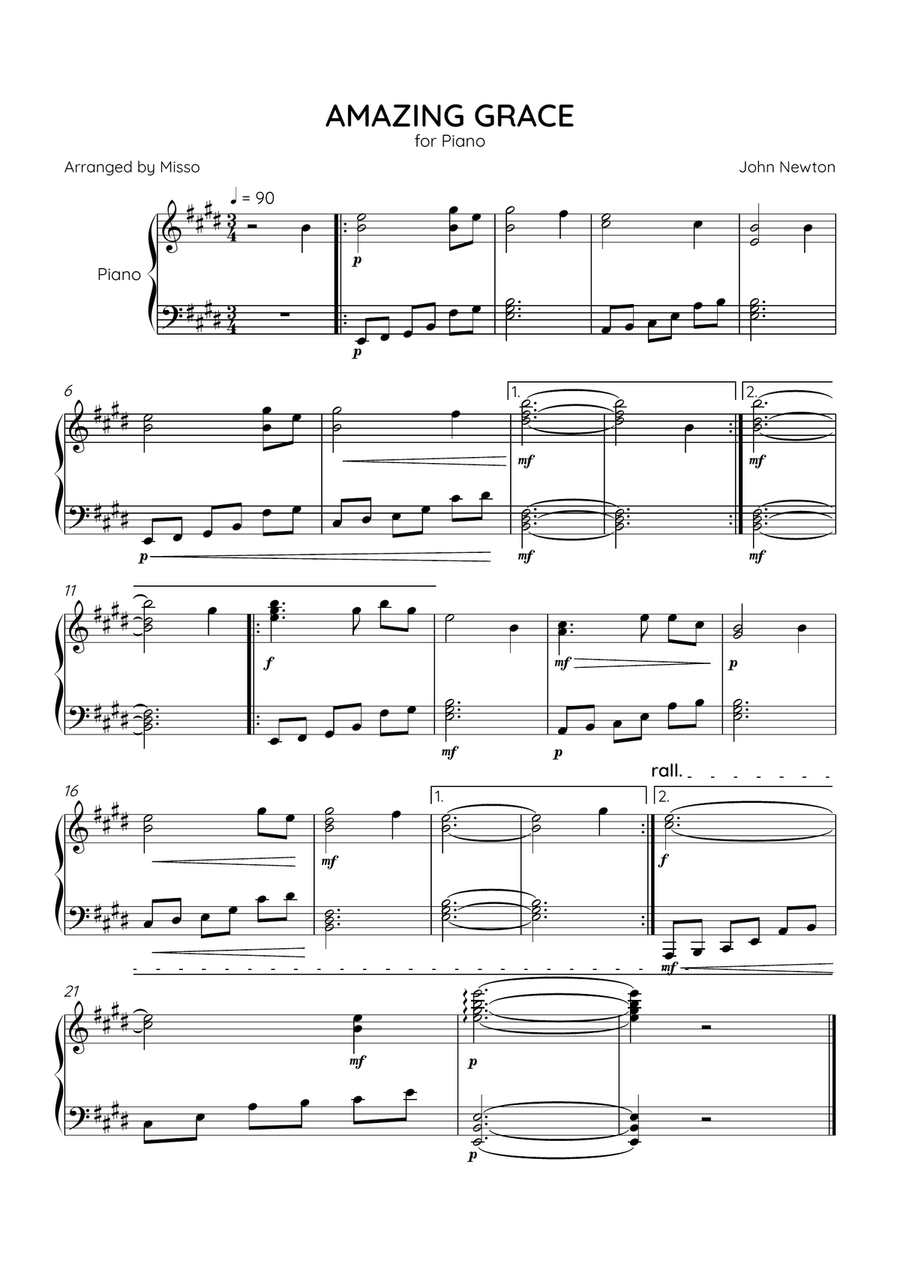 Amazing Grace - Piano Solo in E Major - Intermediate Level - Sheet Music Piano Solo scores gallery preview page 1