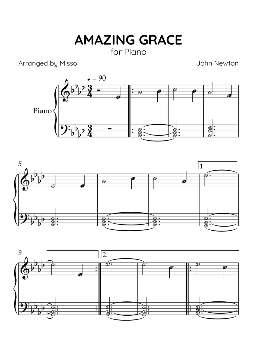 Amazing Grace - Piano Solo in Ab Major - Beginner Level Letter Names - Sheet Music Easy Piano scores gallery preview page 1