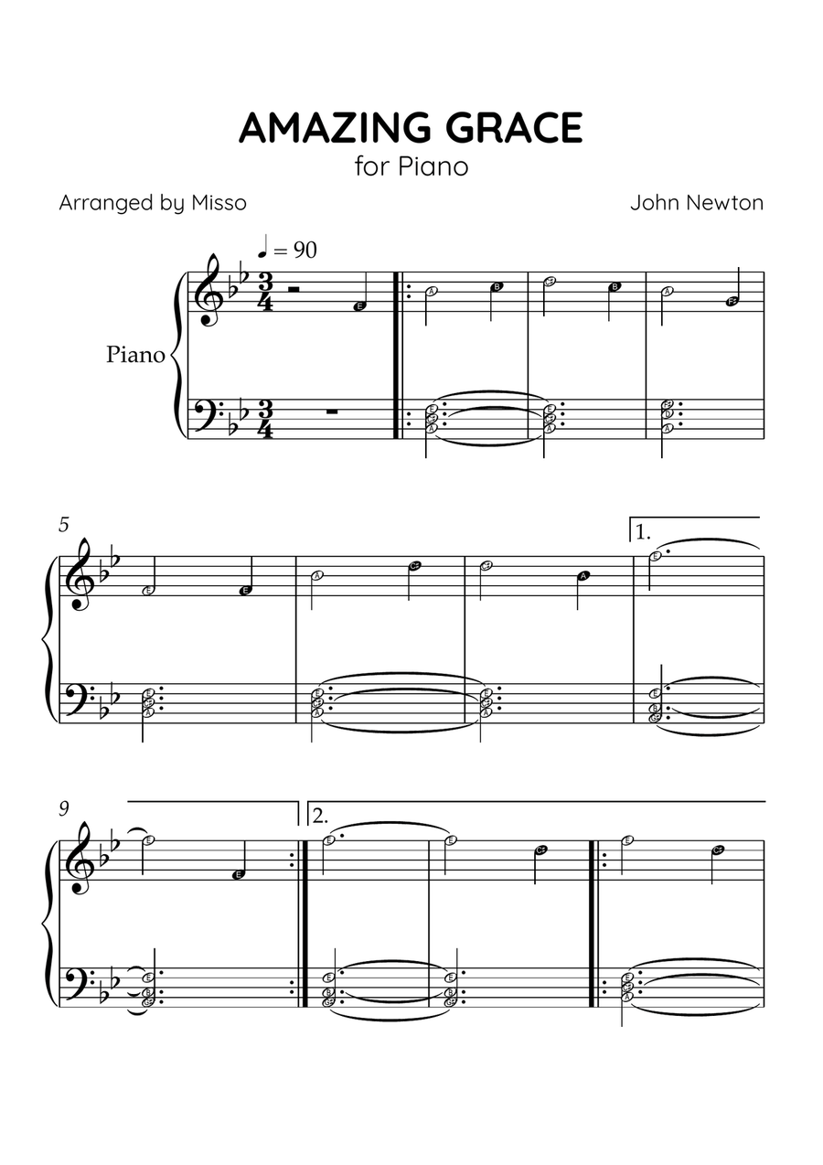 Amazing Grace - Piano Solo in Bb Major - Beginner Level Letter Names - Sheet Music Easy Piano scores gallery preview page 1