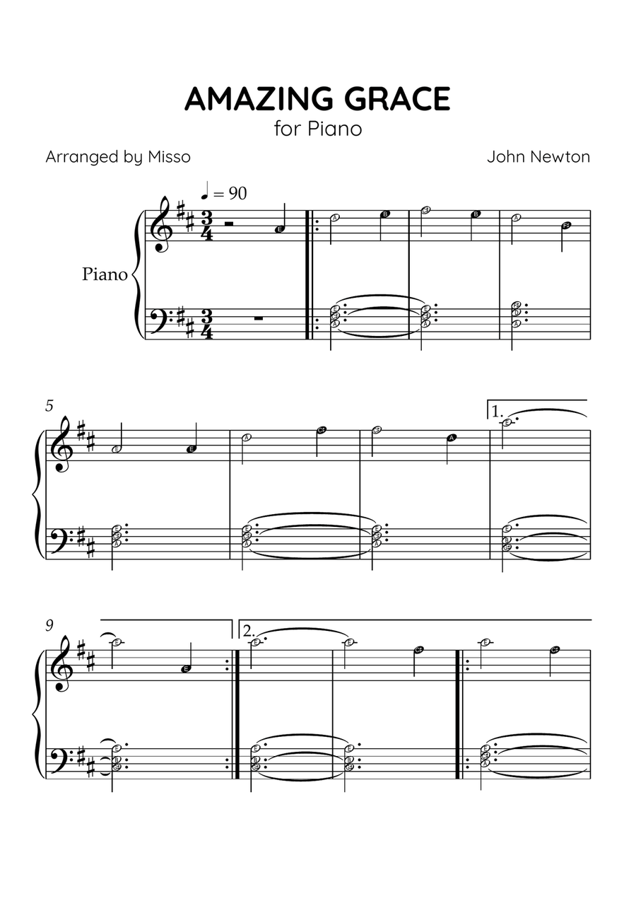 Amazing Grace - Piano Solo in D Major - Beginner Level Letter Names - Sheet Music Easy Piano scores gallery preview page 1