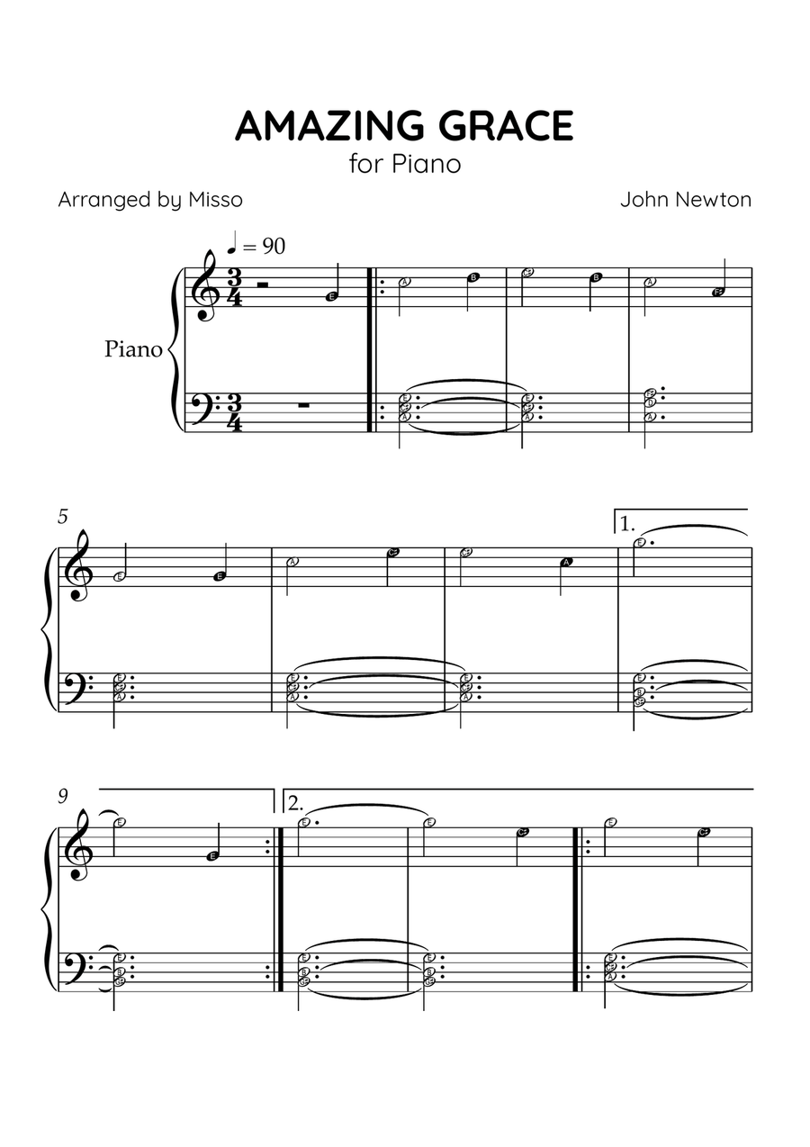 Amazing Grace - Piano Solo in C Major - Beginner Level Letter Names - Sheet Music Easy Piano scores gallery preview page 1