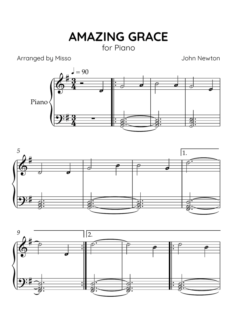 Amazing Grace - Piano Solo in G Major - Beginner Level Letter Names - Sheet Music Easy Piano scores gallery preview page 1