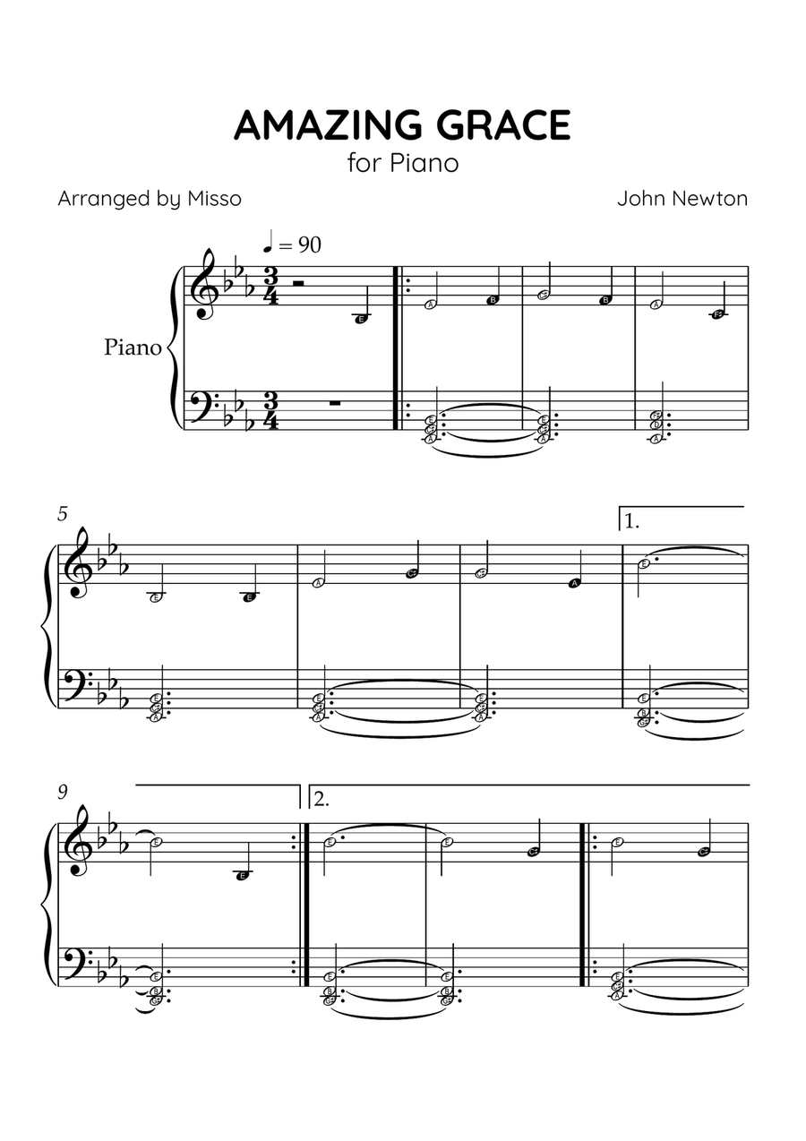 Amazing Grace - Piano Solo in Eb Major - Beginner Level Letter Names - Sheet Music Easy Piano scores gallery preview page 1