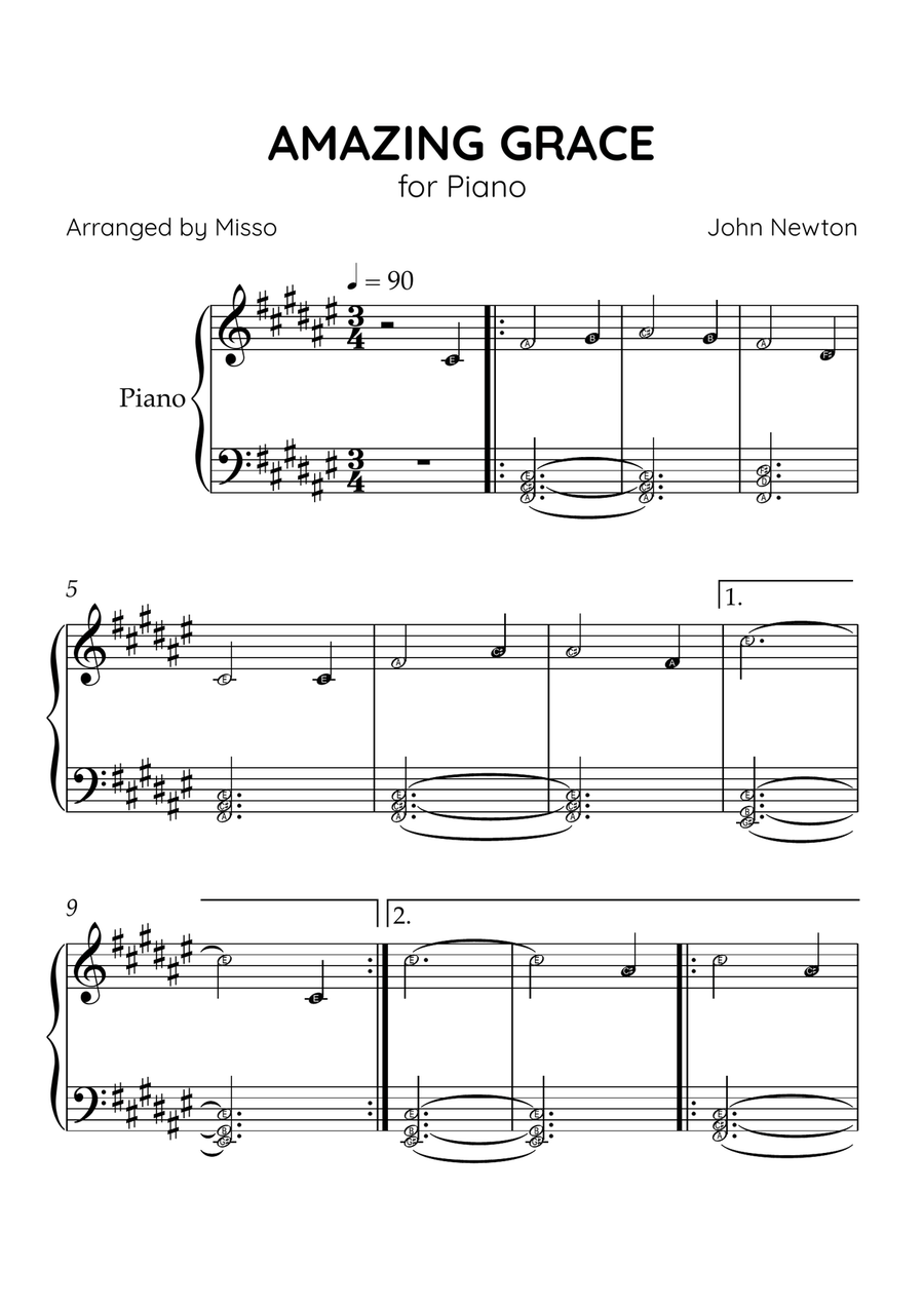 Amazing Grace - Piano Solo in F# Major - Beginner Level Letter Names - Sheet Music Easy Piano scores gallery preview page 1