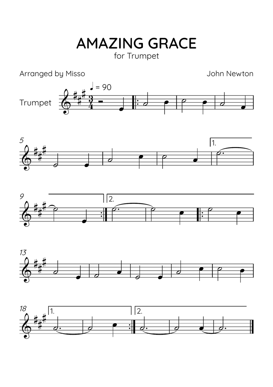 Amazing Grace - Trumpet Solo in A Major - Beginner Level - Sheet Music C Trumpet scores gallery preview page 1