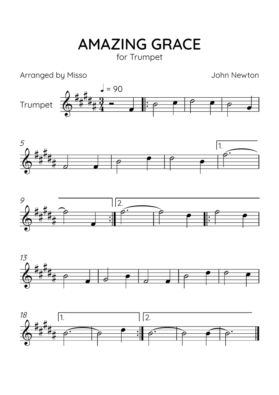 Amazing Grace - Trumpet Solo in B Major - Beginner Level - Sheet Music C Trumpet scores gallery preview page 1