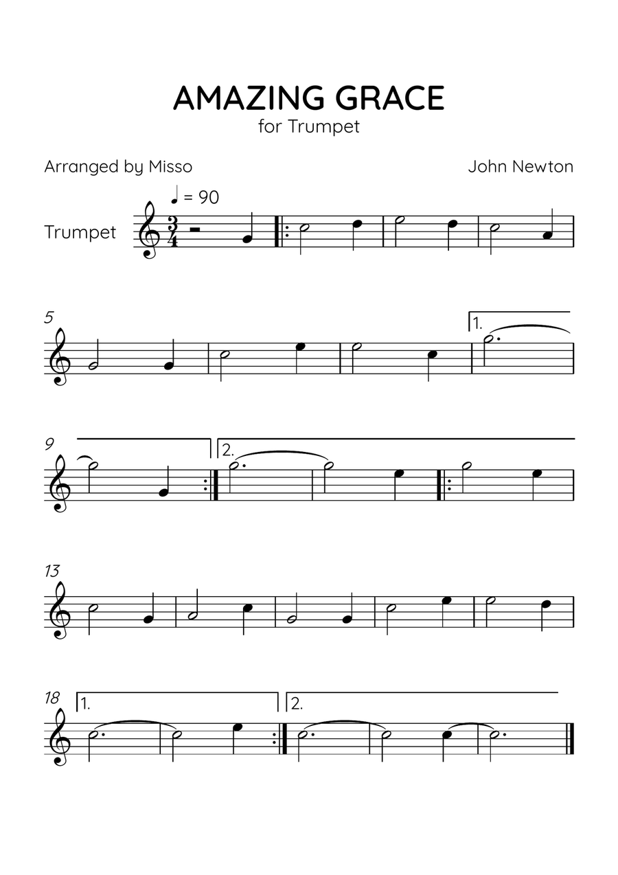 Amazing Grace - Trumpet Solo in C Major - Beginner Level - Sheet Music C Trumpet scores gallery preview page 1