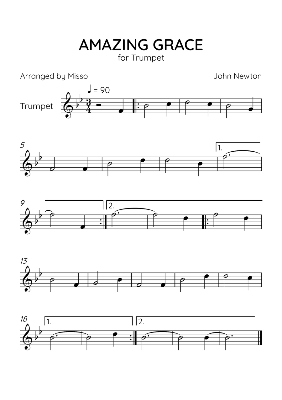 Amazing Grace - Trumpet Solo in Bb Major - Beginner Level - Sheet Music C Trumpet scores gallery preview page 1