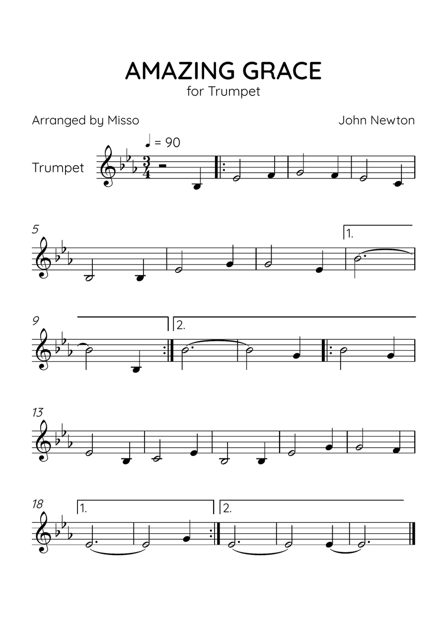 Amazing Grace - Trumpet Solo in Eb Major - Beginner Level - Sheet Music C Trumpet scores gallery preview page 1