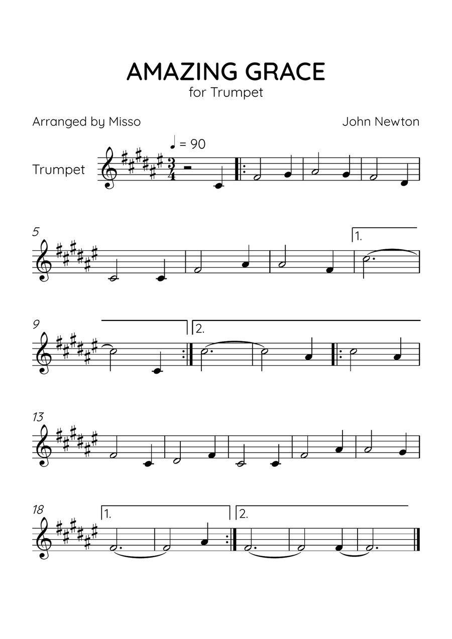 Amazing Grace - Trumpet Solo in F# Major - Beginner Level - Sheet Music C Trumpet scores gallery preview page 1