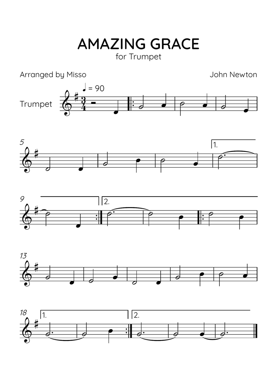 Amazing Grace - Trumpet Solo in G Major - Beginner Level - Sheet Music C Trumpet scores gallery preview page 1