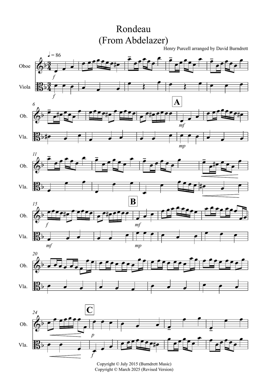 Rondeau (from Abdelazer) for Oboe and Viola Duet Oboe scores gallery preview page 1