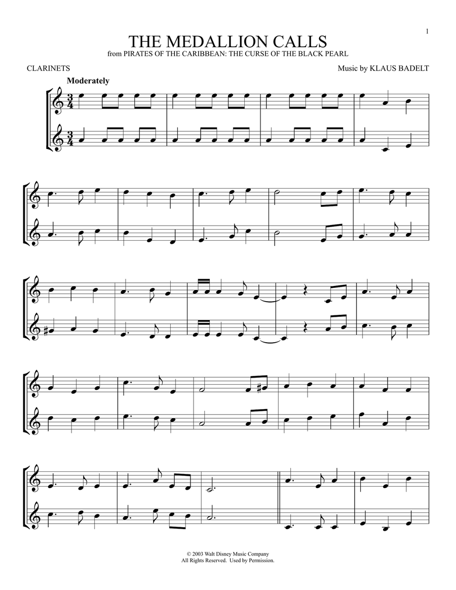 The Medallion Calls (from Pirates Of The Caribbean: The Curse Of The Black Pearl) Clarinet Duet scores gallery preview page 1