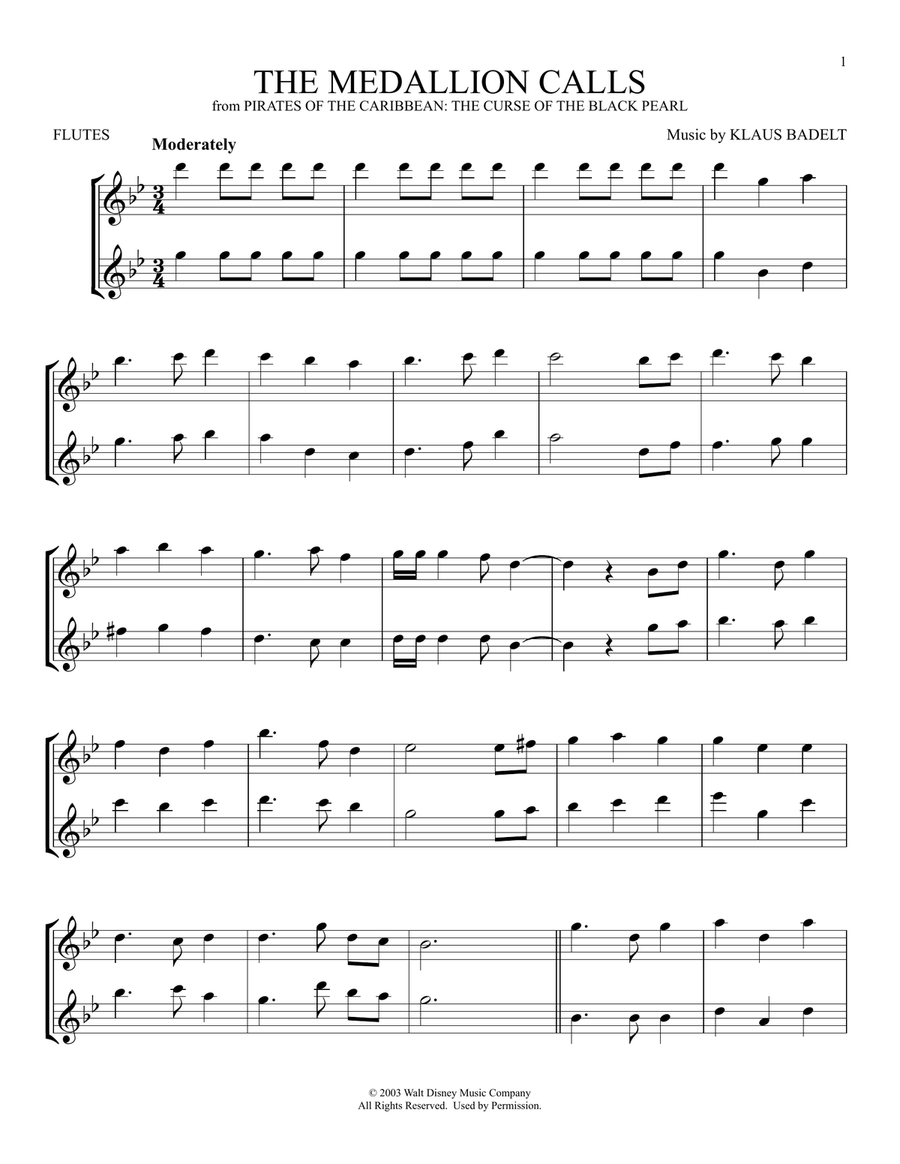 The Medallion Calls (from Pirates Of The Caribbean: The Curse Of The Black Pearl) Flute Duet scores gallery preview page 1