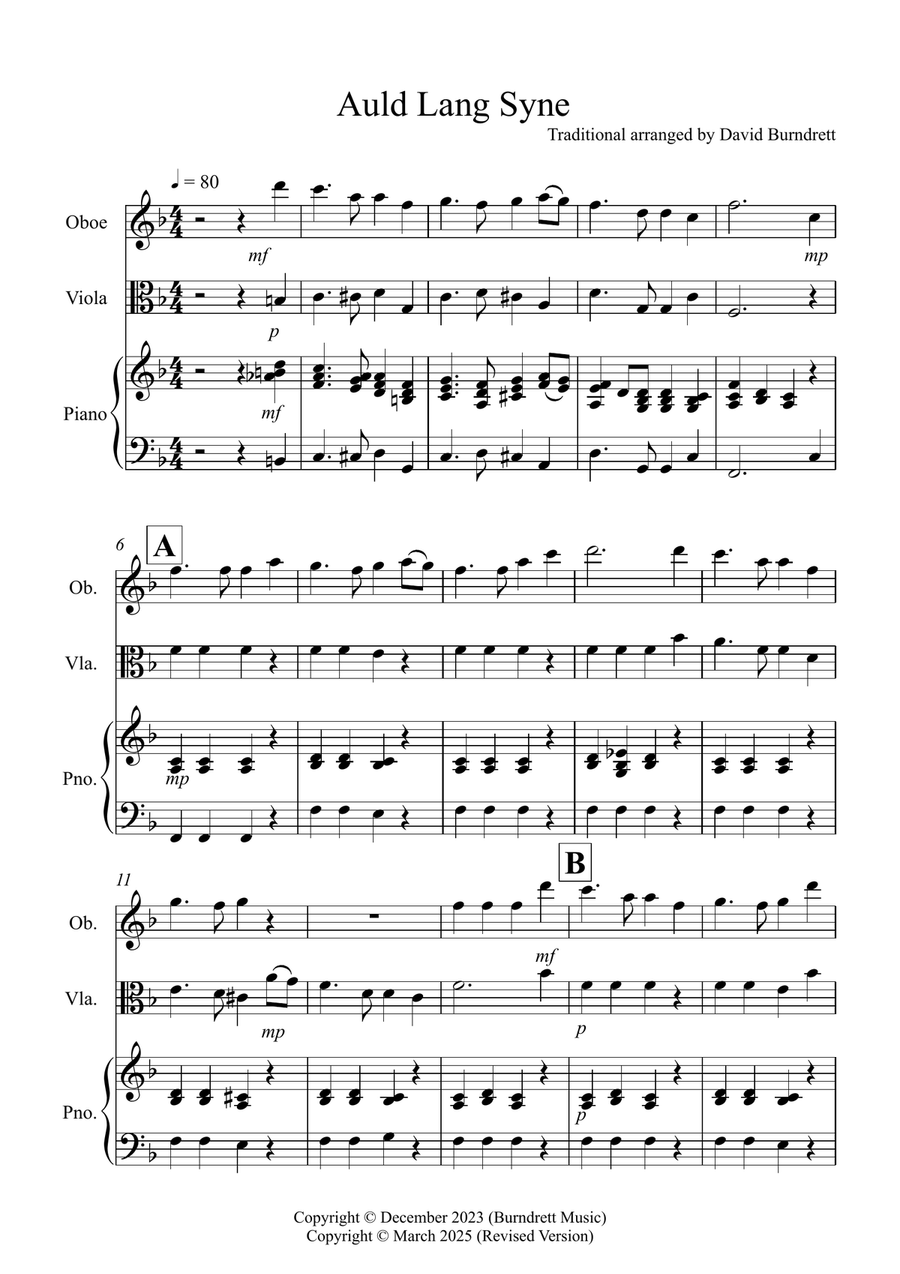 Auld Lang Syne for Oboe and Viola Duet Oboe scores gallery preview page 1