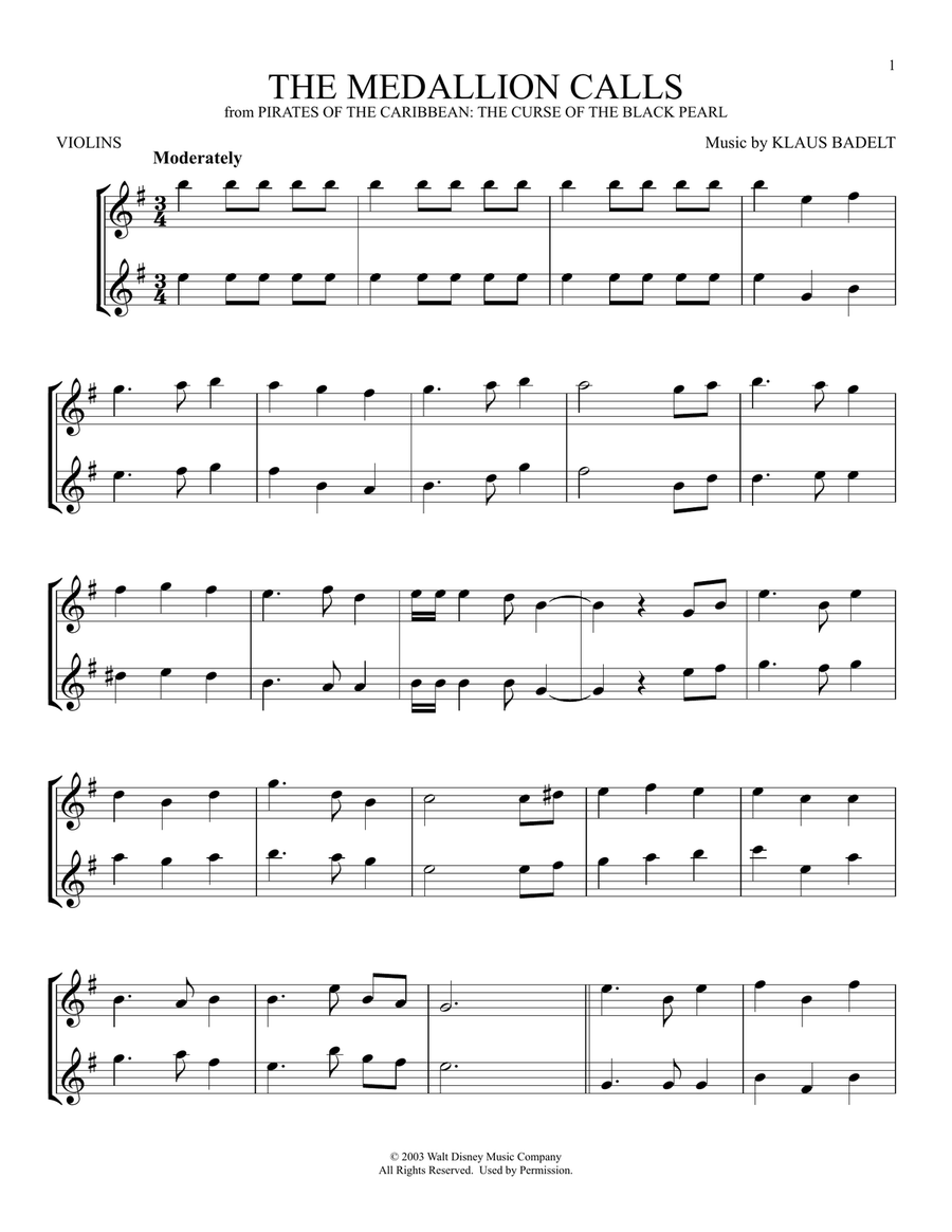 The Medallion Calls (from Pirates Of The Caribbean: The Curse Of The Black Pearl) String Duet scores gallery preview page 1