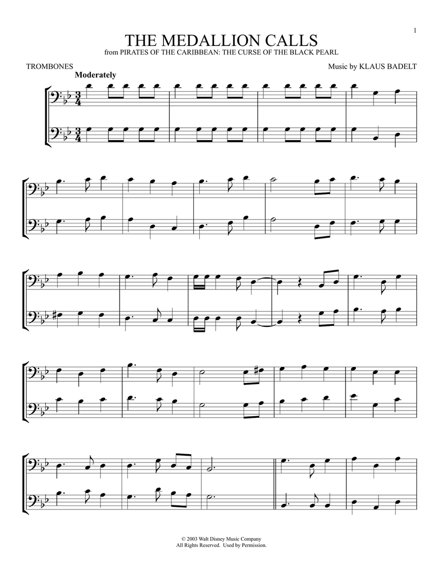 The Medallion Calls (from Pirates Of The Caribbean: The Curse Of The Black Pearl) Trombone Duet scores gallery preview page 1