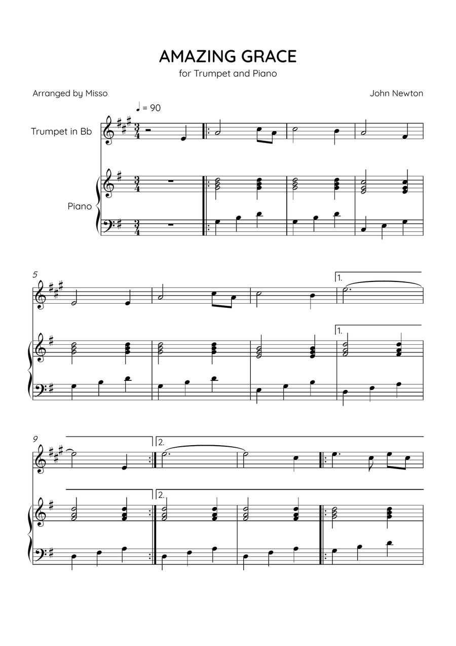 Amazing Grace - Trumpet Bb and Piano in G Major - Easy Level - Sheet Music B-Flat Trumpet scores gallery preview page 1