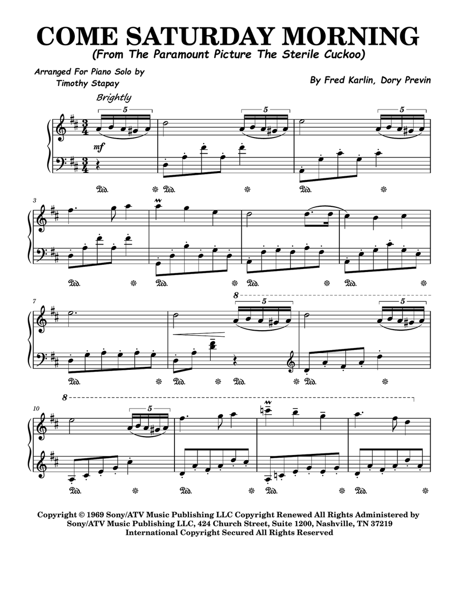 Come Saturday Morning (Saturday Morning) Piano Solo scores gallery preview page 1