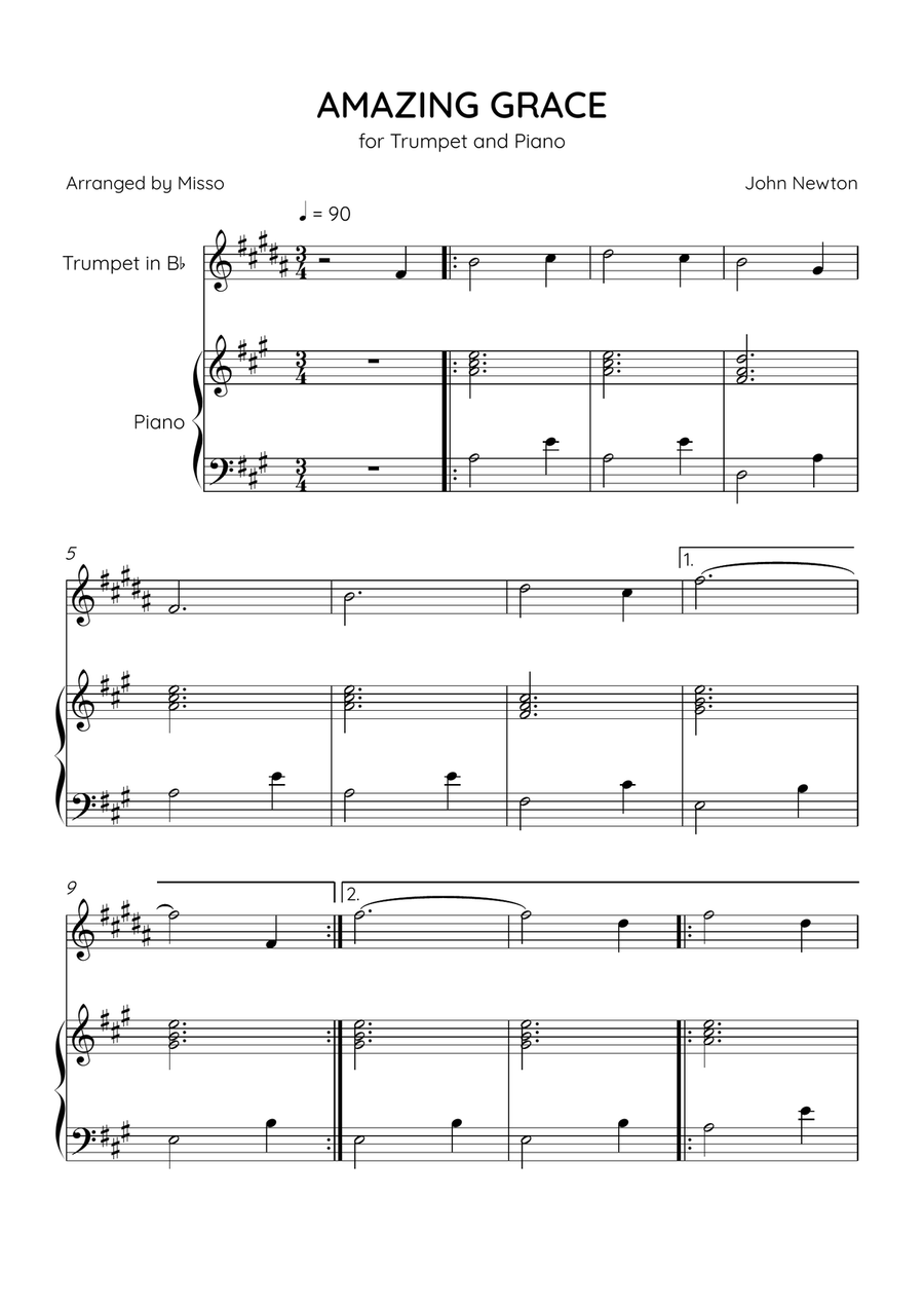 Amazing Grace - Trumpet Bb and Piano in A Major - Beginner Level - Sheet Music B-Flat Trumpet scores gallery preview page 1