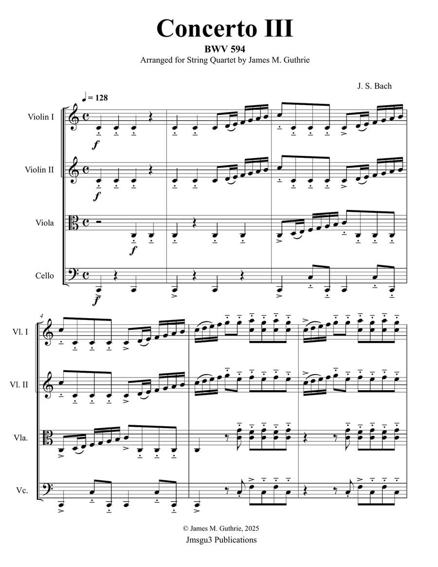 Bach: Concerto No. 3 BWV 594 for String Quartet - Score Only String Quartet scores gallery preview page 1
