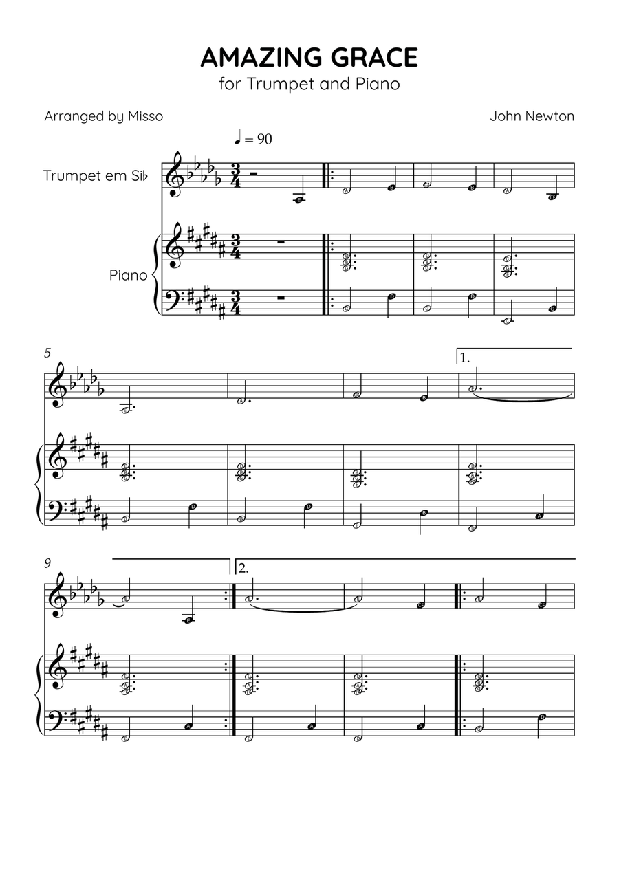 Amazing Grace - Trumpet Bb and Piano in B Major - Beginner Level Letter Names - Sheet Music B-Flat Trumpet scores gallery preview page 1
