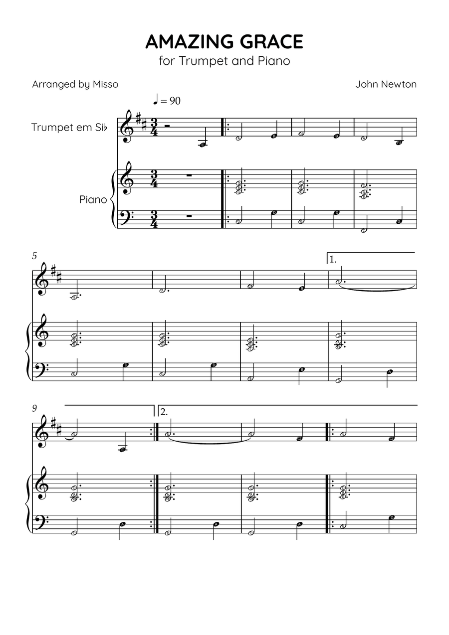 Amazing Grace - Trumpet Bb and Piano in C Major - Beginner Level Letter Names - Sheet Music B-Flat Trumpet scores gallery preview page 1