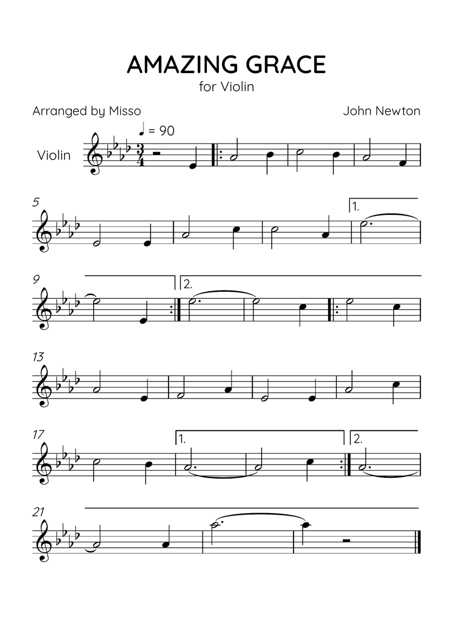 Amazing Grace - Violin Solo in Ab Major - Beginner Level - Sheet Music Violin Solo scores gallery preview page 1