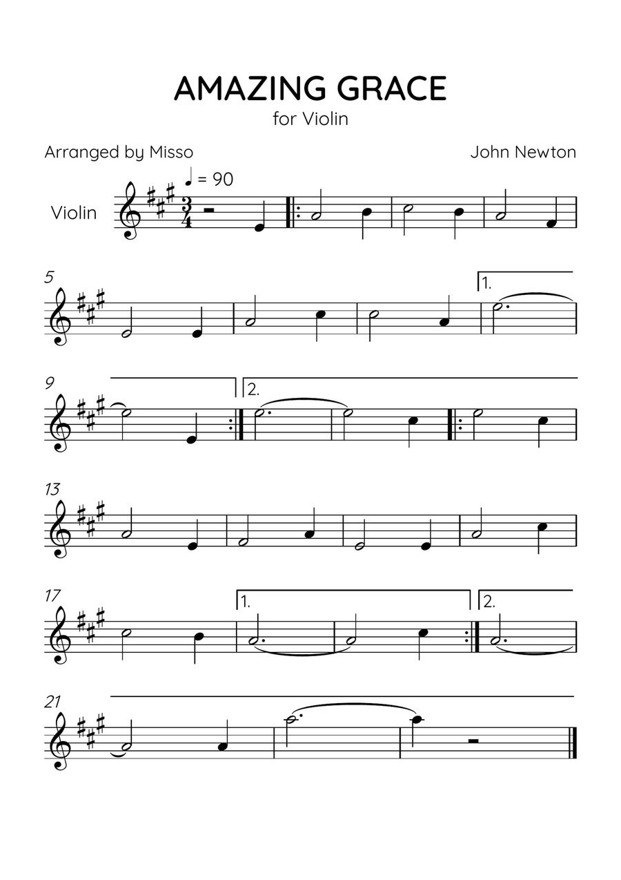Amazing Grace - Violin Solo in A Major - Beginner Level - Sheet Music Violin Solo scores gallery preview page 1
