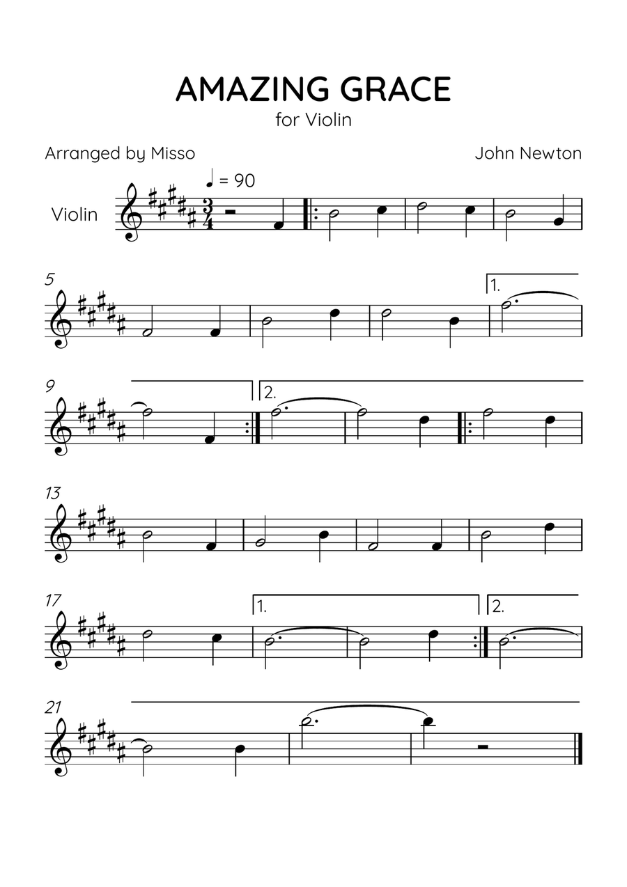 Amazing Grace - Violin Solo in B Major - Beginner Level - Sheet Music Violin Solo scores gallery preview page 1