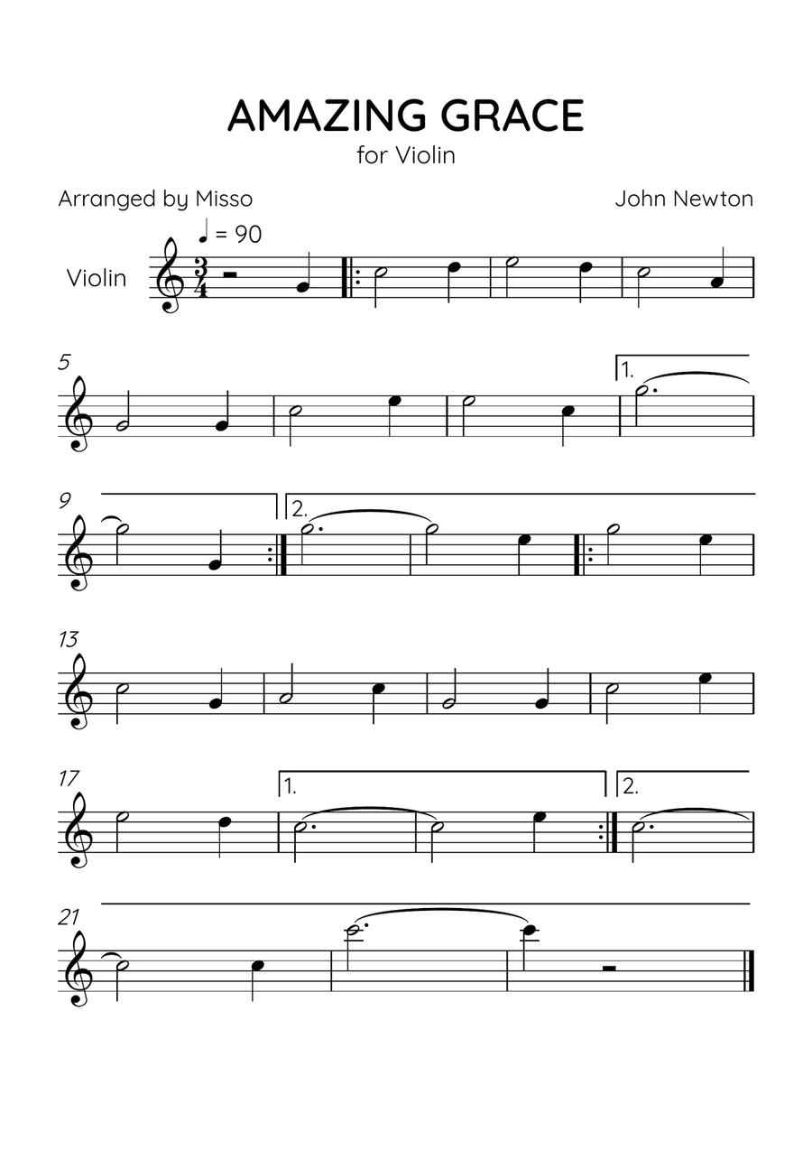 Amazing Grace - Violin Solo in C Major - Beginner Level - Sheet Music Violin Solo scores gallery preview page 1