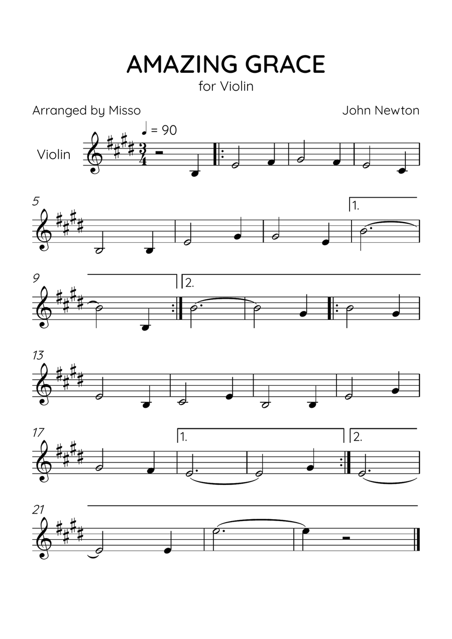Amazing Grace - Violin Solo in E Major - Beginner Level - Sheet Music Violin Solo scores gallery preview page 1