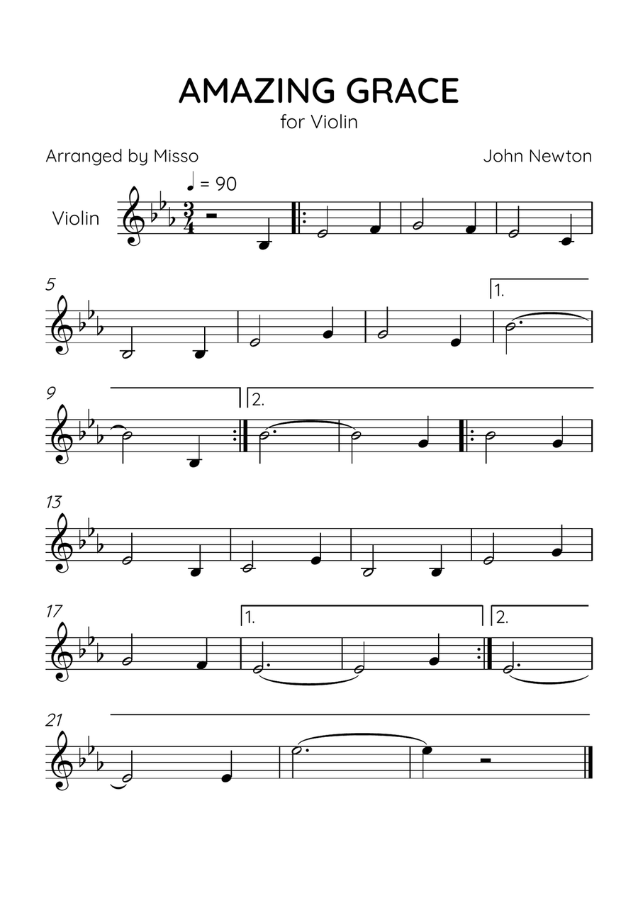 Amazing Grace - Violin Solo in Eb Major - Beginner Level - Sheet Music Violin Solo scores gallery preview page 1