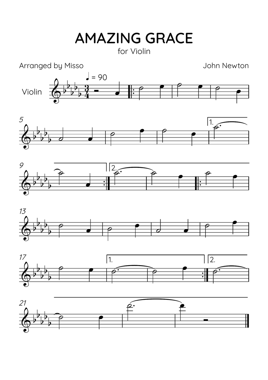 Amazing Grace - Violin Solo in Db Major - Beginner Level - Sheet Music Violin Solo scores gallery preview page 1