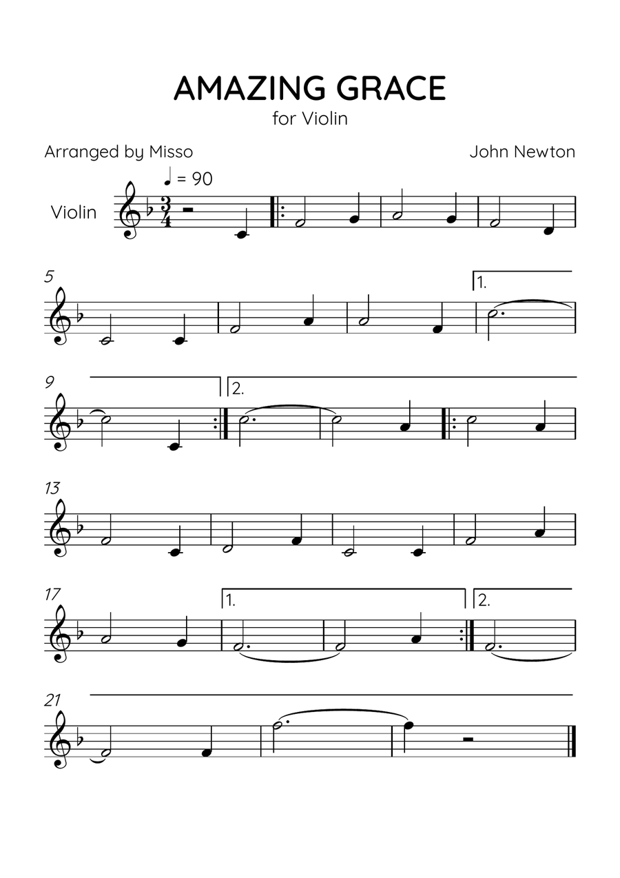 Amazing Grace - Violin Solo in F Major - Beginner Level - Sheet Music Violin Solo scores gallery preview page 1