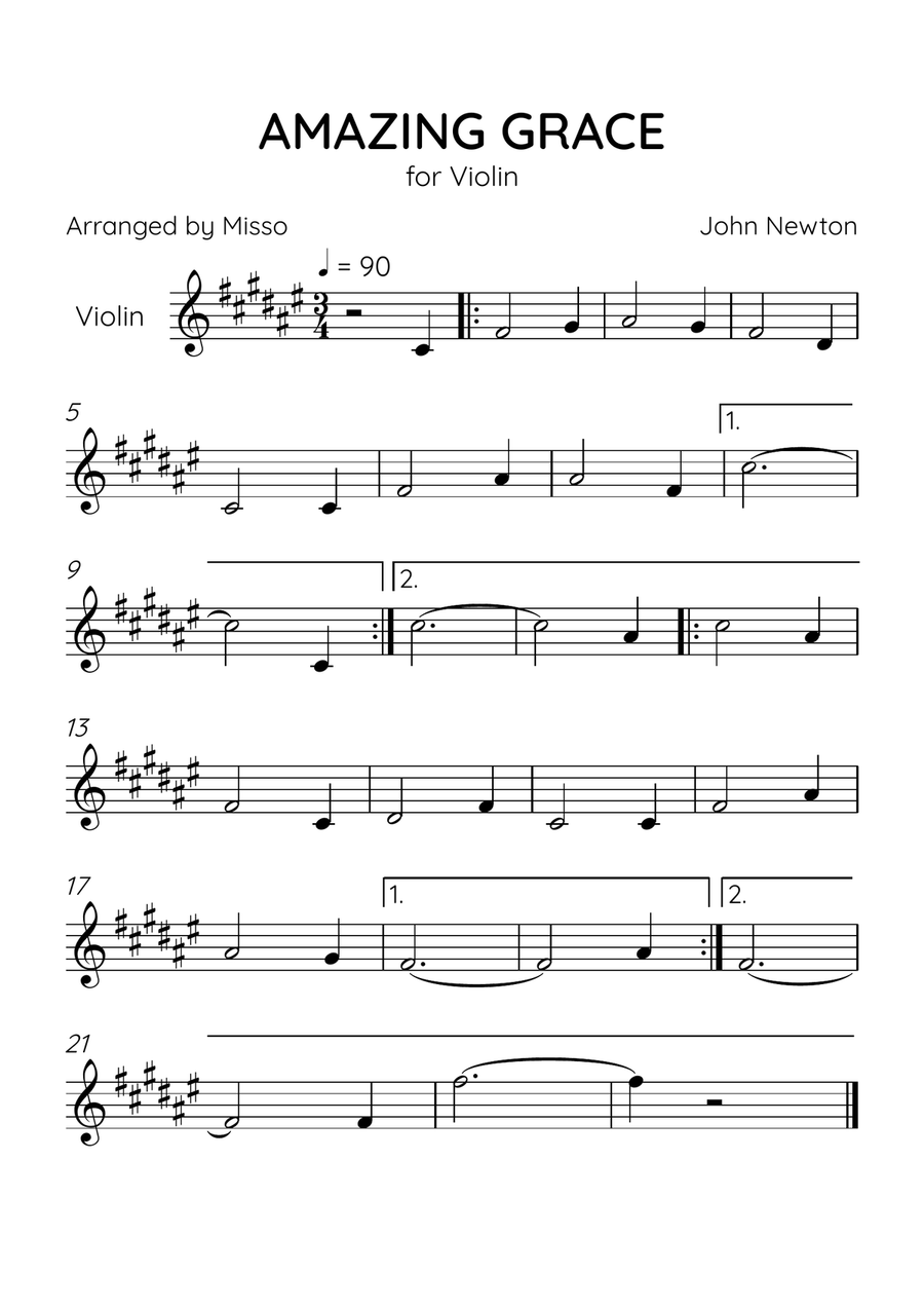 Amazing Grace - Violin Solo in F# Major - Beginner Level - Sheet Music Violin Solo scores gallery preview page 1
