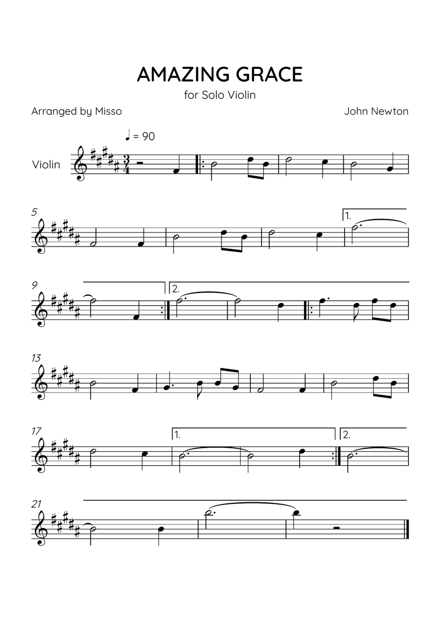 Amazing Grace - Violin Solo in B Major - Easy Level - Sheet Music Violin Solo scores gallery preview page 1