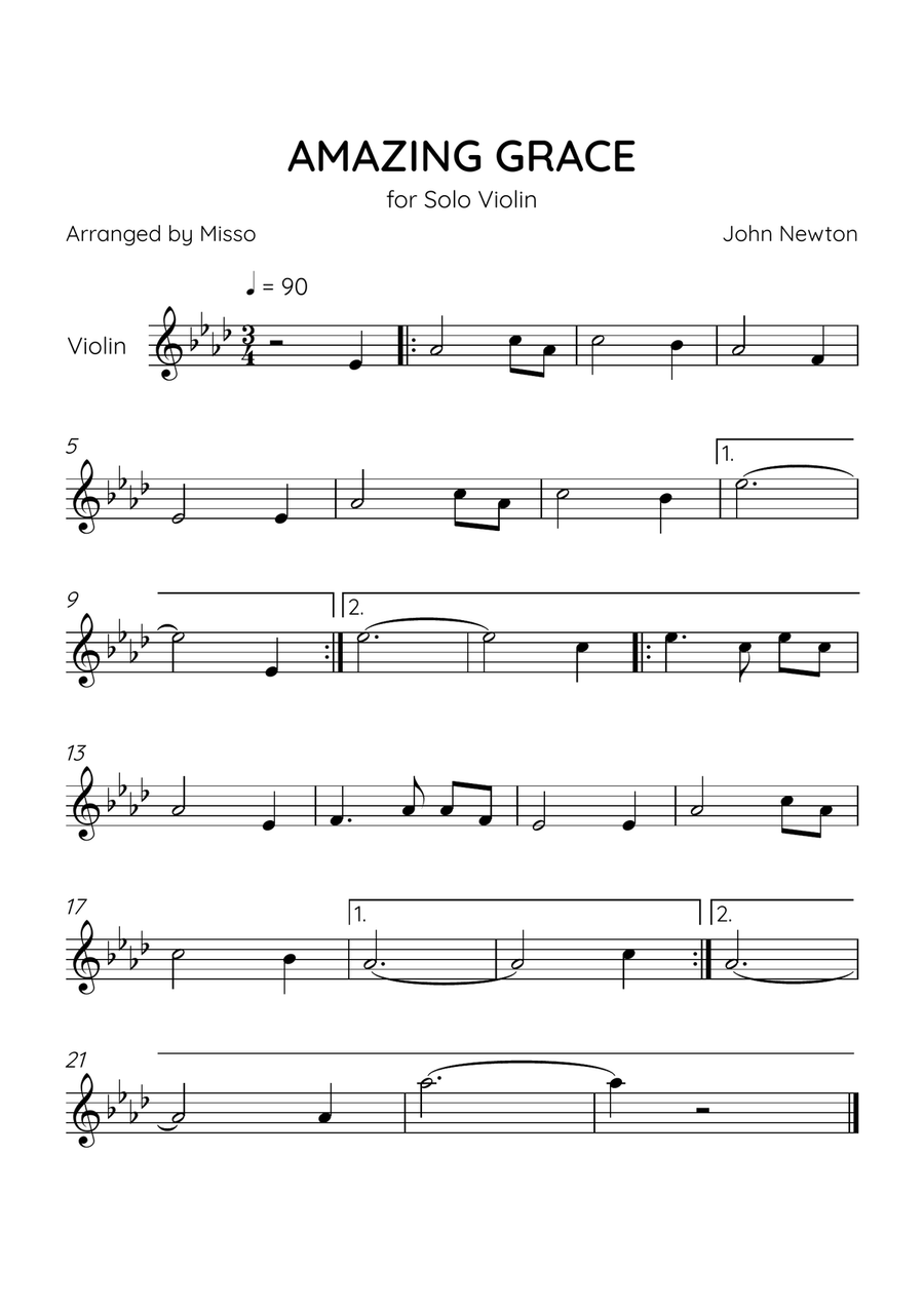 Amazing Grace - Violin Solo in Ab Major - Easy Level - Sheet Music Violin Solo scores gallery preview page 1