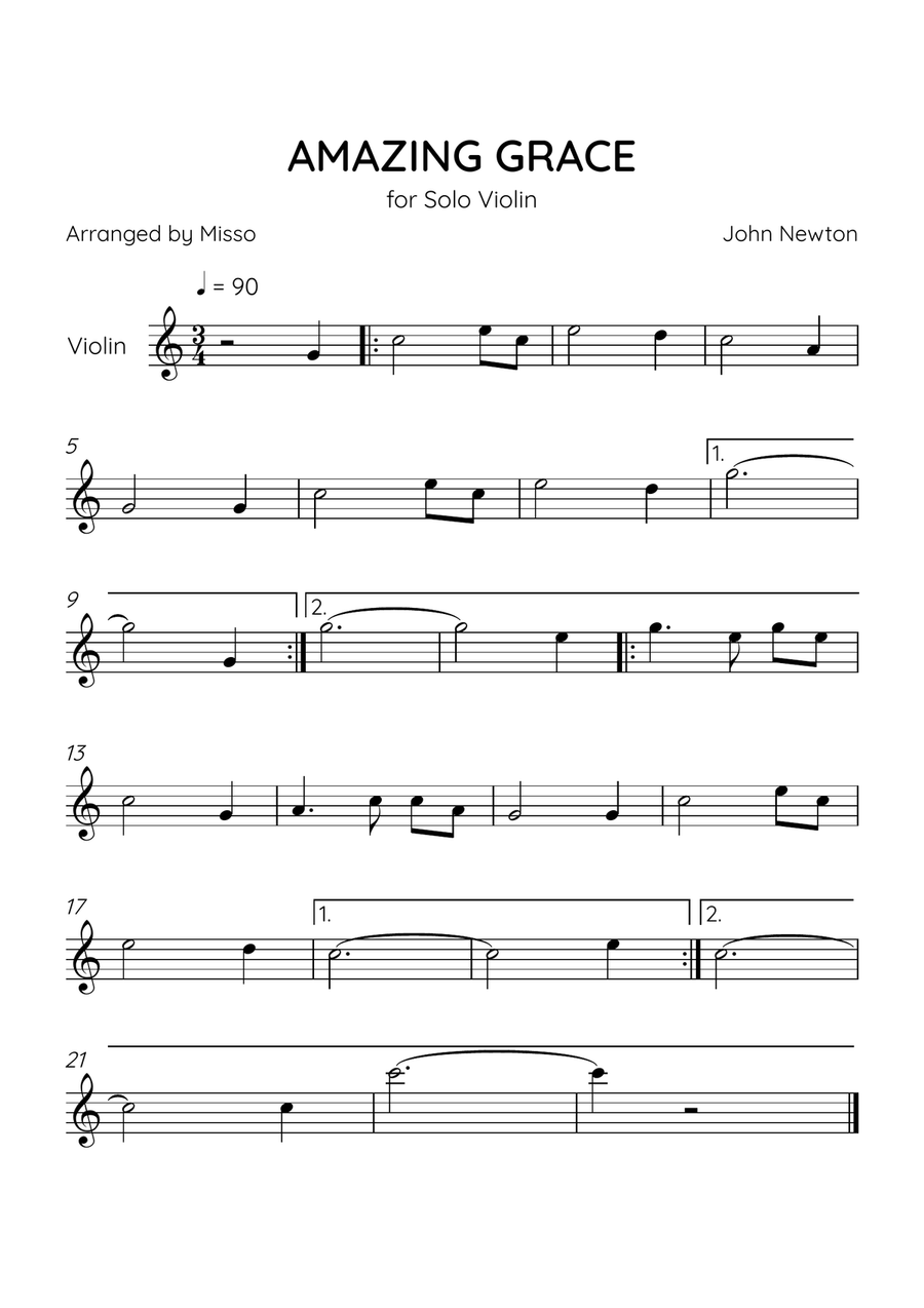Amazing Grace - Violin Solo in C Major - Easy Level - Sheet Music Violin Solo scores gallery preview page 1