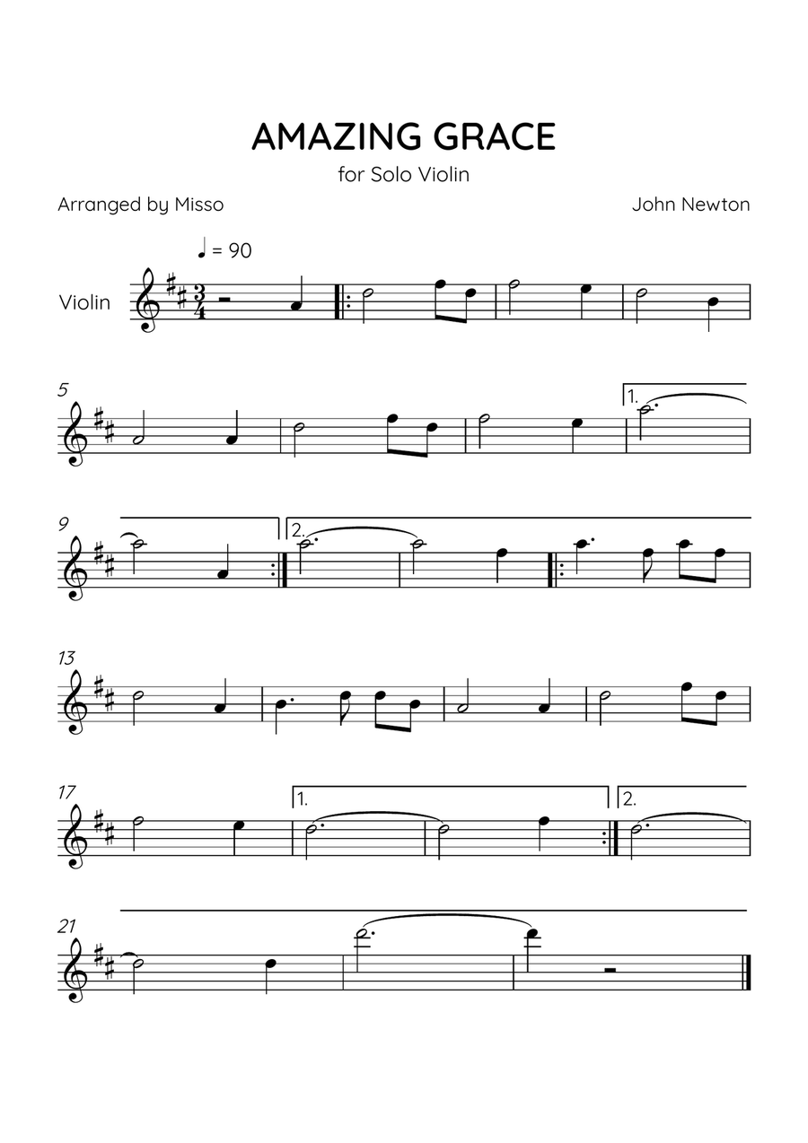 Amazing Grace - Violin Solo in D Major - Easy Level - Sheet Music Violin Solo scores gallery preview page 1