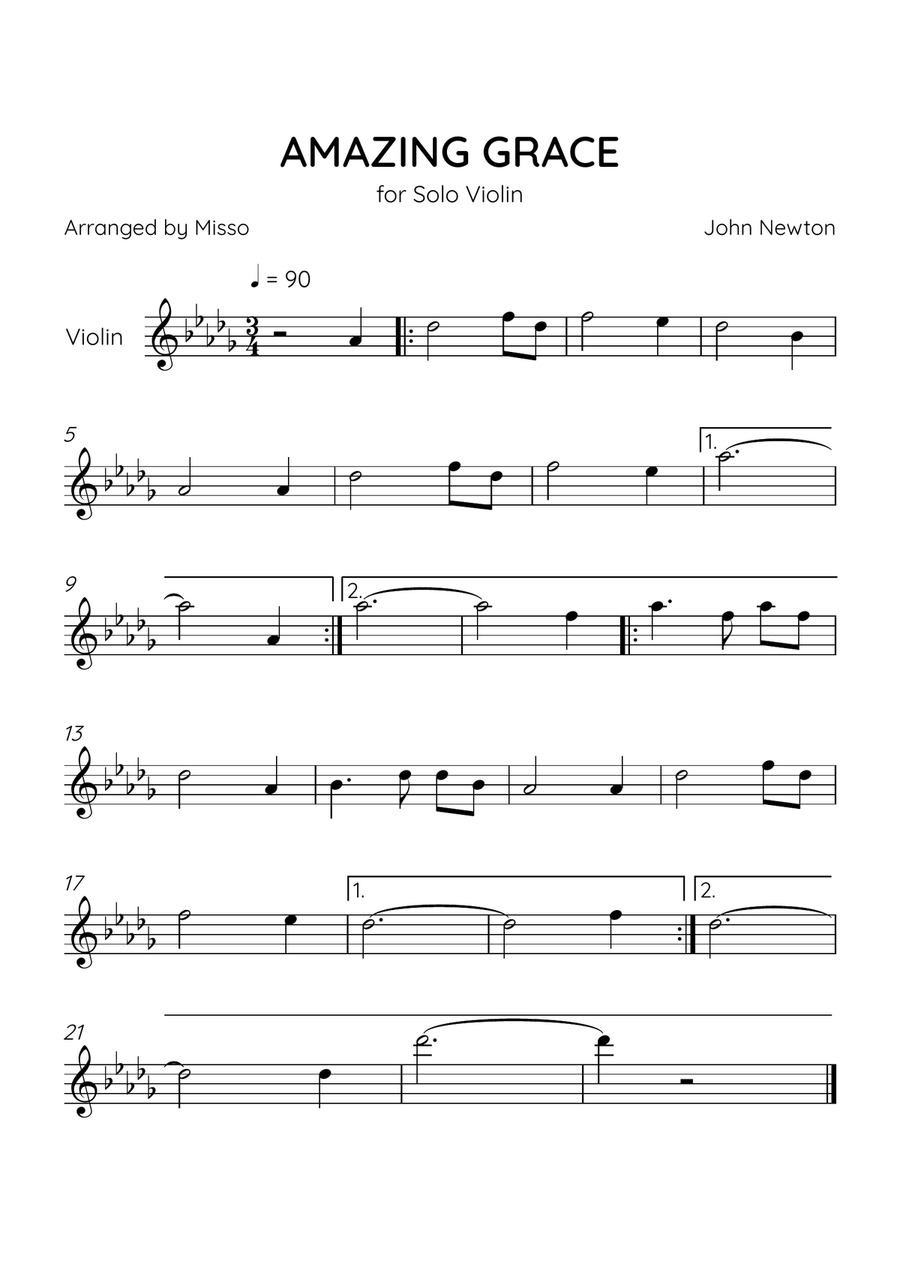 Amazing Grace - Violin Solo in Db Major - Easy Level - Sheet Music Violin Solo scores gallery preview page 1