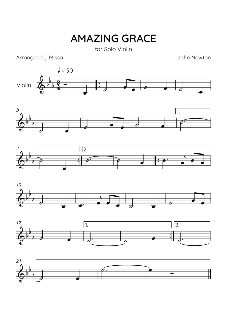 Amazing Grace - Violin Solo in Eb Major - Easy Level - Sheet Music Violin Solo scores gallery preview page 1