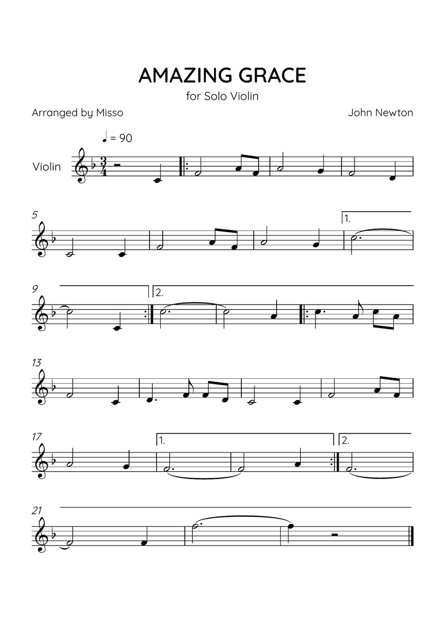 Amazing Grace - Violin Solo in F Major - Easy Level - Sheet Music Violin Solo scores gallery preview page 1