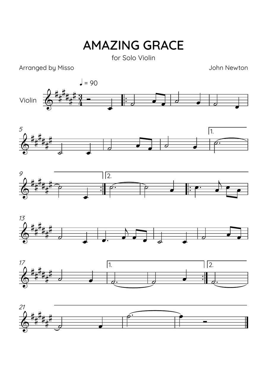 Amazing Grace - Violin Solo in F# Major - Easy Level - Sheet Music Violin Solo scores gallery preview page 1
